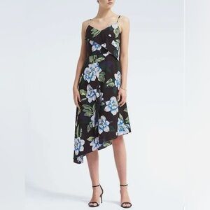 Banana Republic Black with Blue Floral Asymmetrical Ruffle Dress